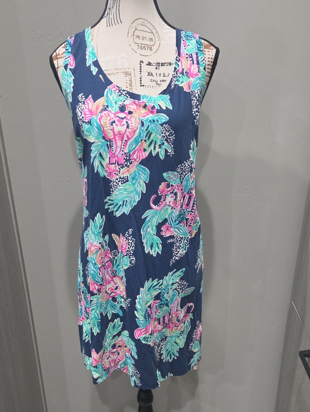 Lilly Pulitzer Navy Tropical Tank Swim Cover-Up Dress with Pink & Teal Print